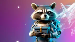 Изображение енота в солнечных очках с скипетром, празднующего с воздушными шарами и золотыми монетами, символизирующее приветственный бонус в Лаки Бир Казино.